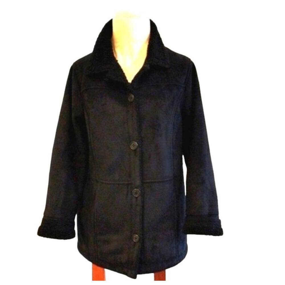 Lauren Ralph Lauren Women's Coat Sz SP Black Fleece Faux Leather Suede Preppy